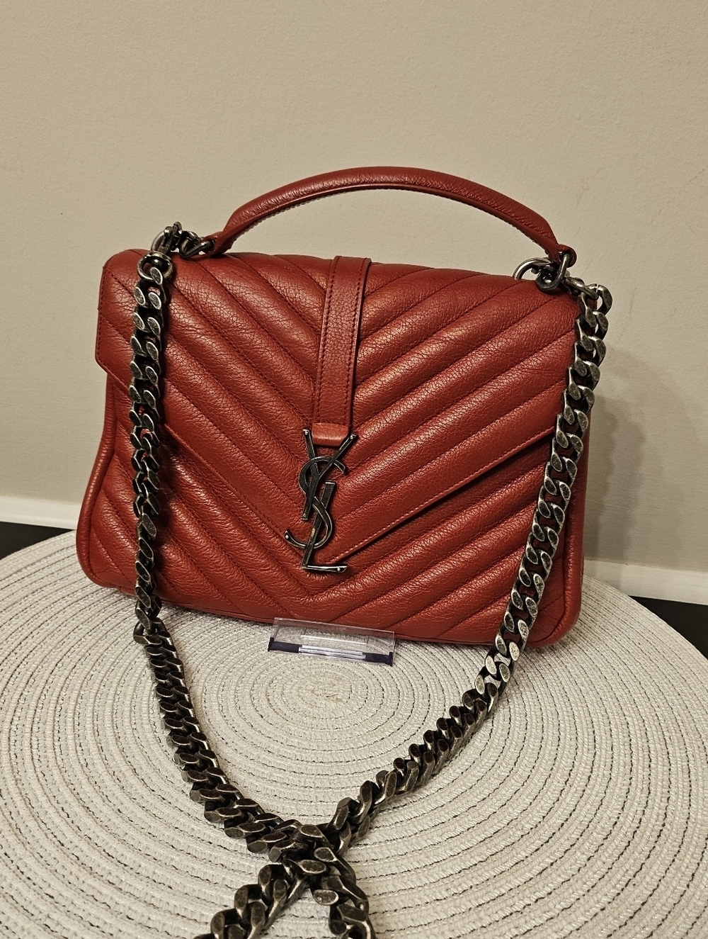 YSL Saint Laurent College Medium Red Chevron Leather Bag